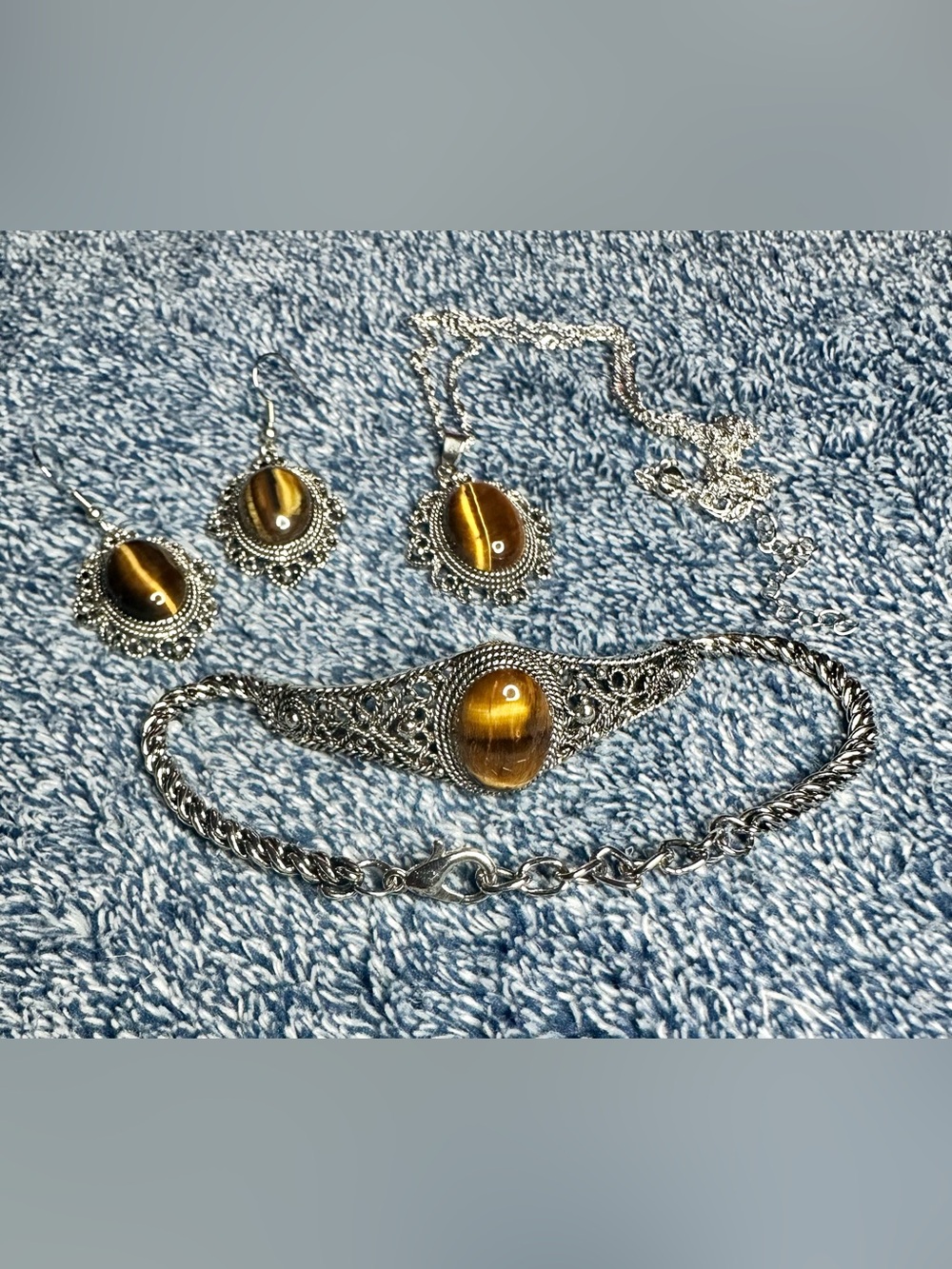 Silver Filigree Tiger's Eye Jewelry Set - Necklace, Bracelet & Earrings